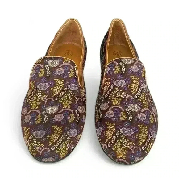 Tory Burch Smoking Slipper Loafer, Size 5-1/2, Jacquard Gold Leather Trim - Picture 2 of 6